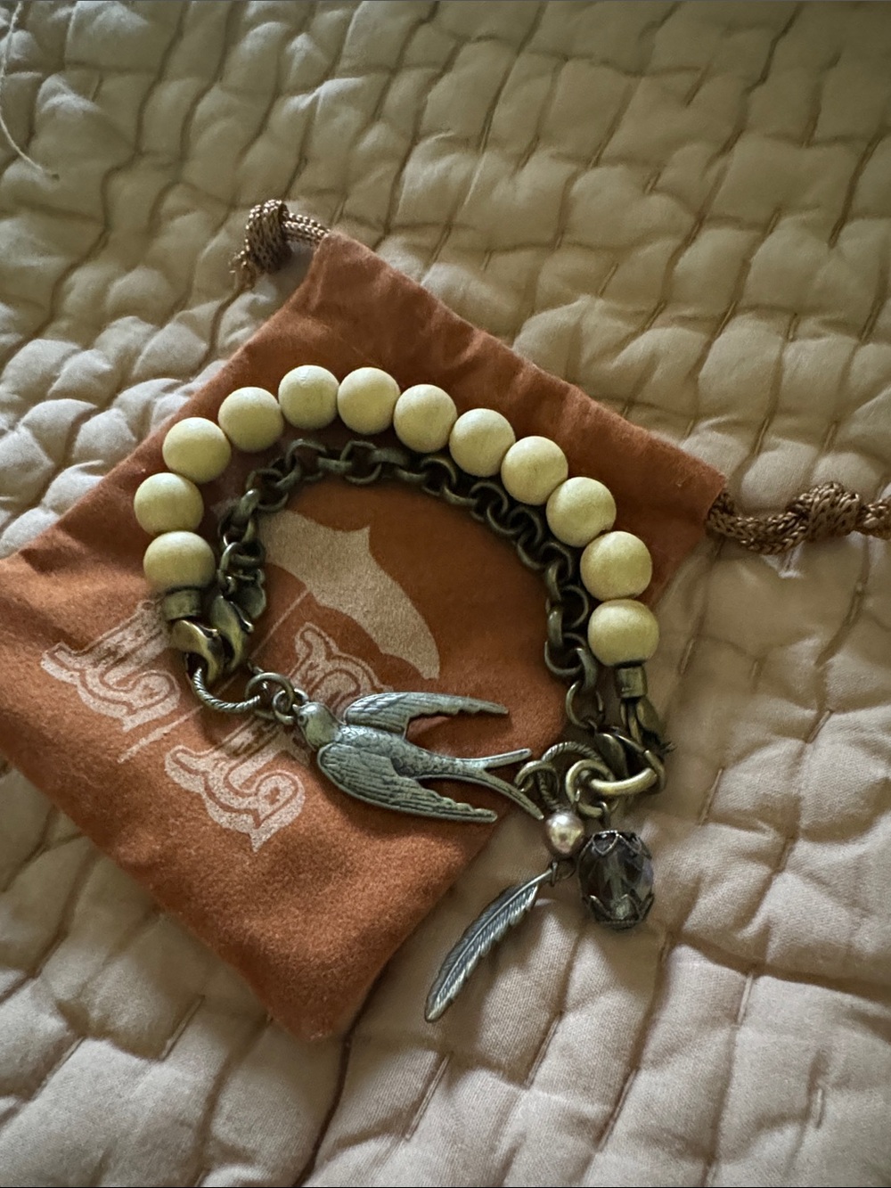 Lenny & Eva Beaded Charm Bracelet with Bird & Feather Charms - Ivory Beads